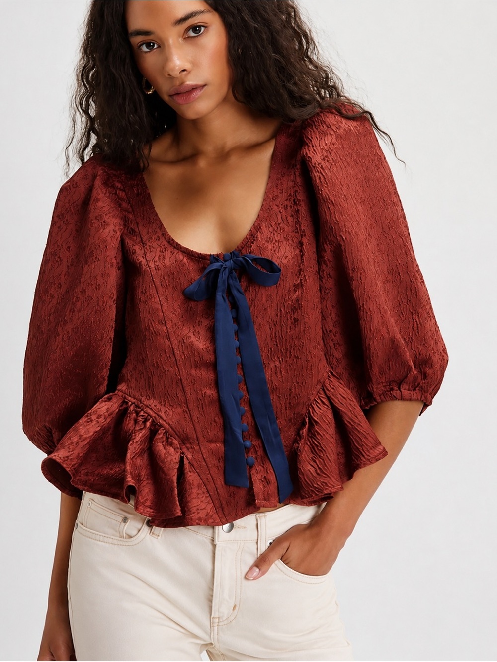 Free People $168 Women’s Pamela Bow Top in Spiced Rum